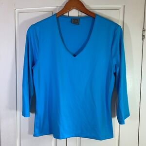 LBH Womens Blue V-Neck 3/4 Sleeve Tactel Nylon Spandex Top Large USA Stretch